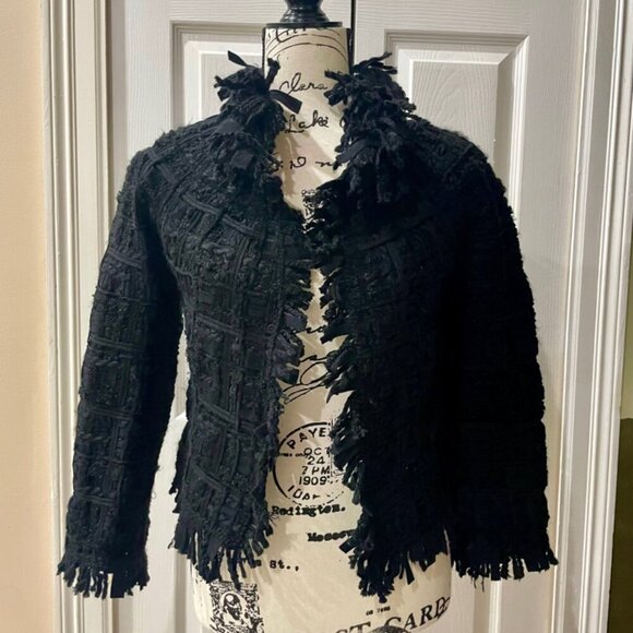 TWEED FRINGE MACROCANNAGE WOOL BLEND CROP JACKET PE DE CHUMBO SIZE SMALL - Picture 9 of 16